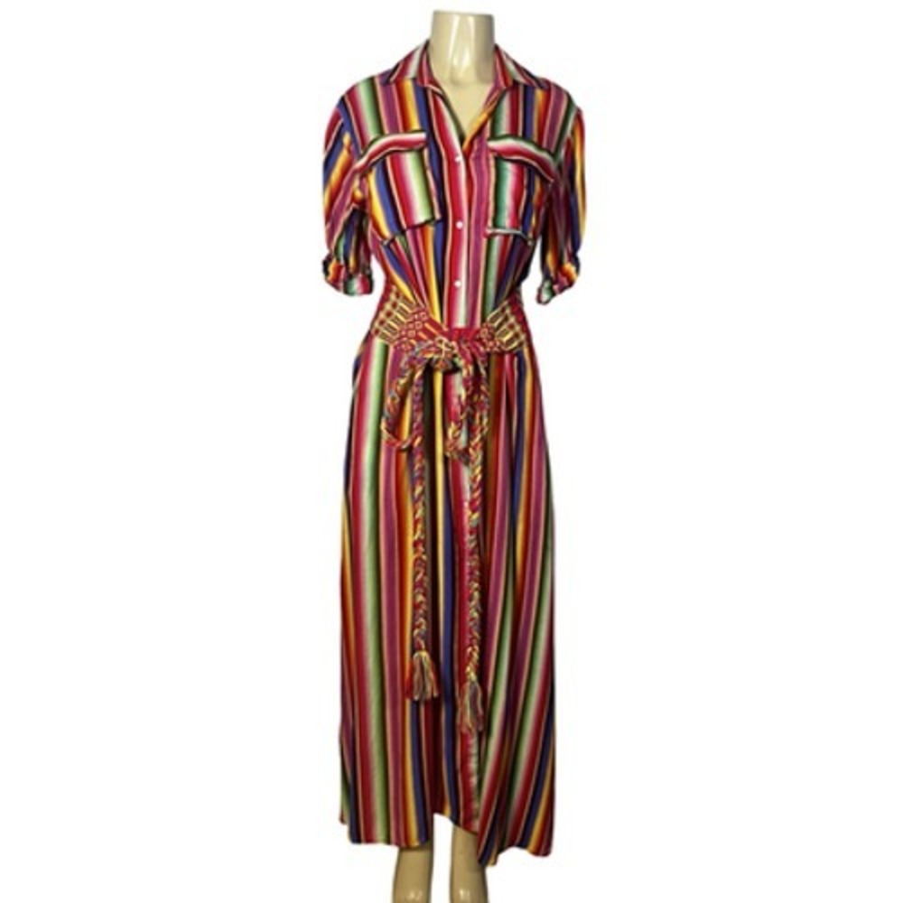 Mochi Dress Womens Small Multicolor Striped Shirt Maxi Belted Boho‎ Embroidered